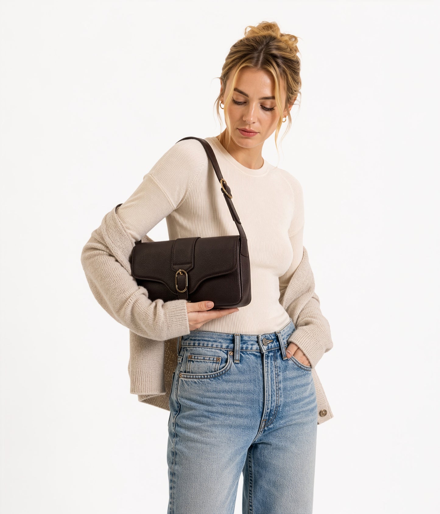ISABELLE Vegan Shoulder Bag – Grain | Color: Black - variant::black
