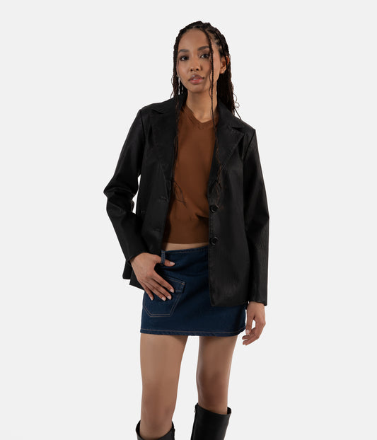 KATRIN Women's Vegan Leather Blazer | Color: Black - variant::black